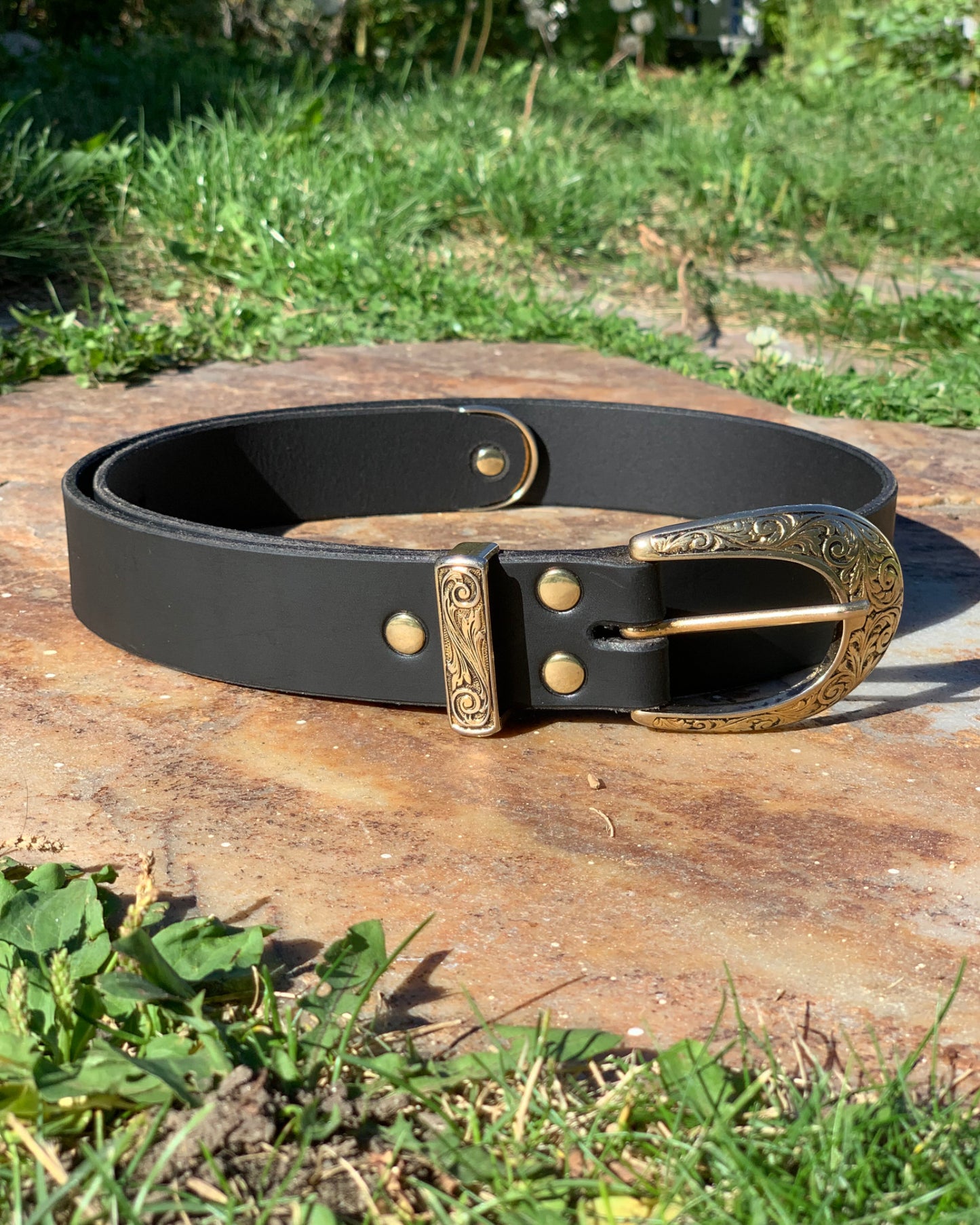Vintage Embossed Hardware on Black Leather Belt