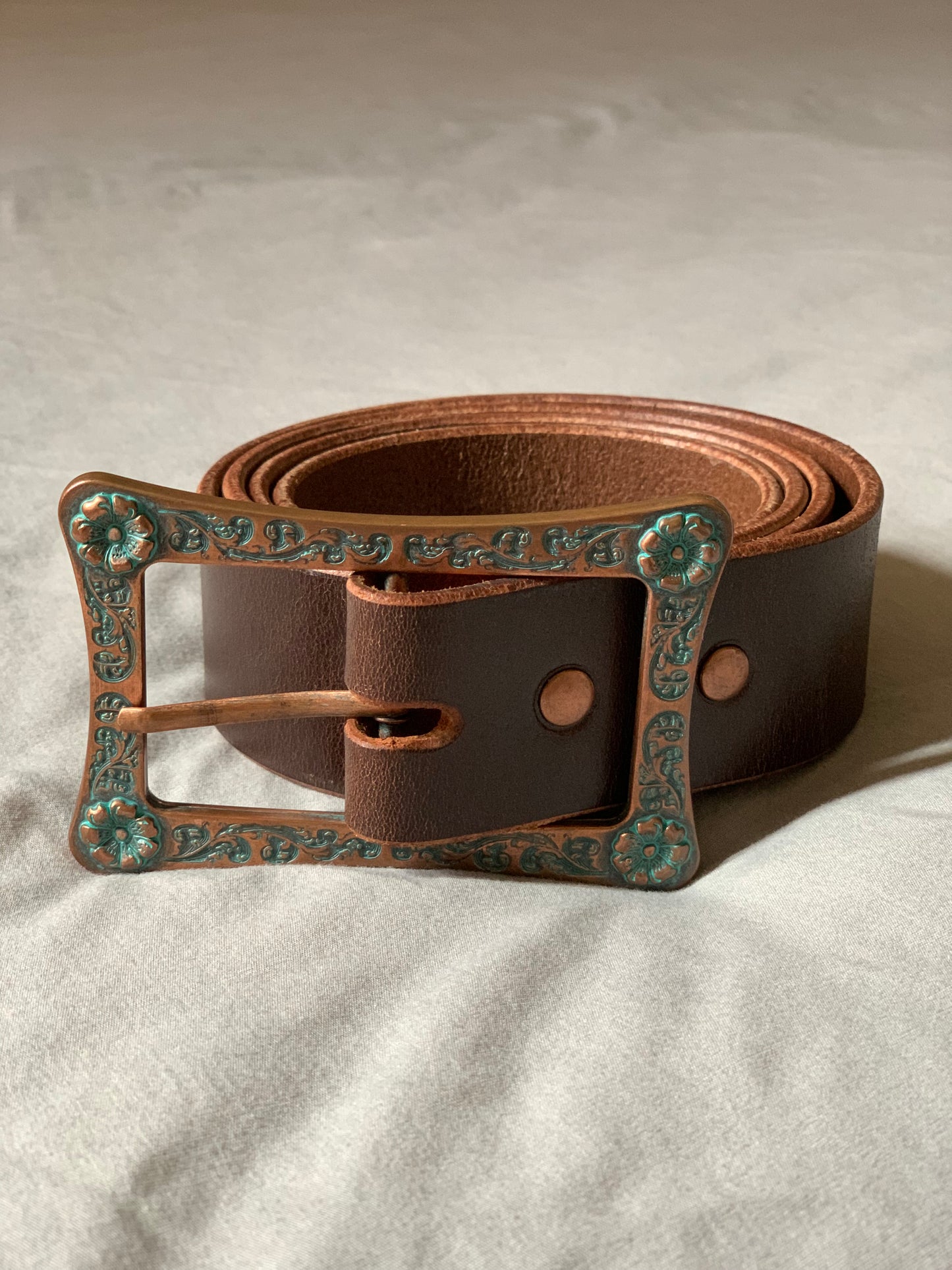 Premium Brown Leather Belt with Floral Engraved Copper Buckle