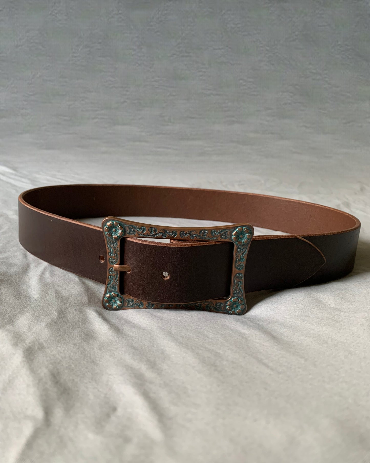 Premium Brown Leather Belt with Floral Engraved Copper Buckle