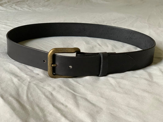 Handcrafted Black Leather Belt with Antique Brass Buckle