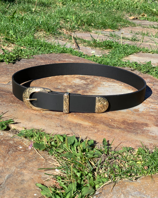 Vintage Embossed Hardware on Black Leather Belt