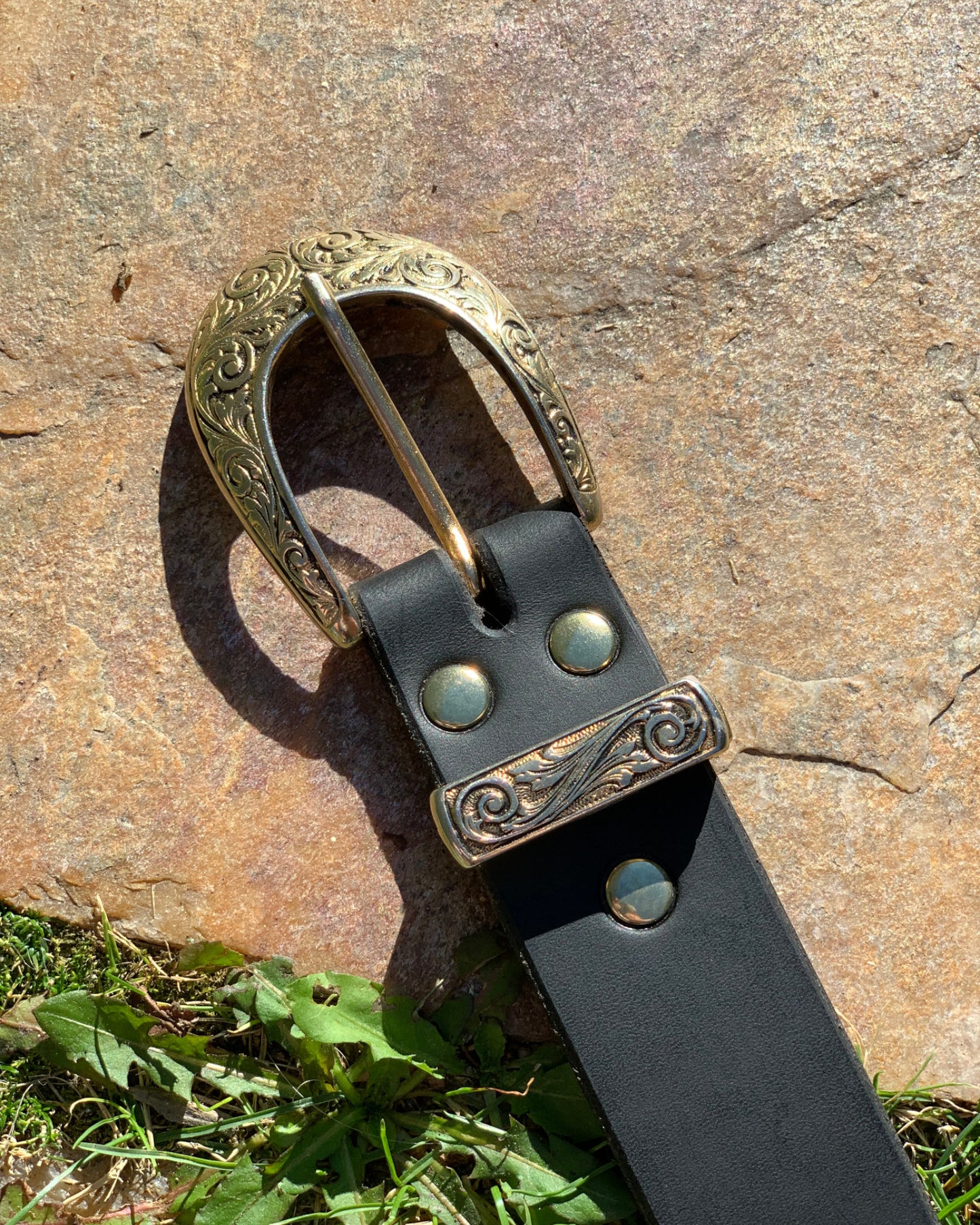 Vintage Embossed Hardware on Black Leather Belt