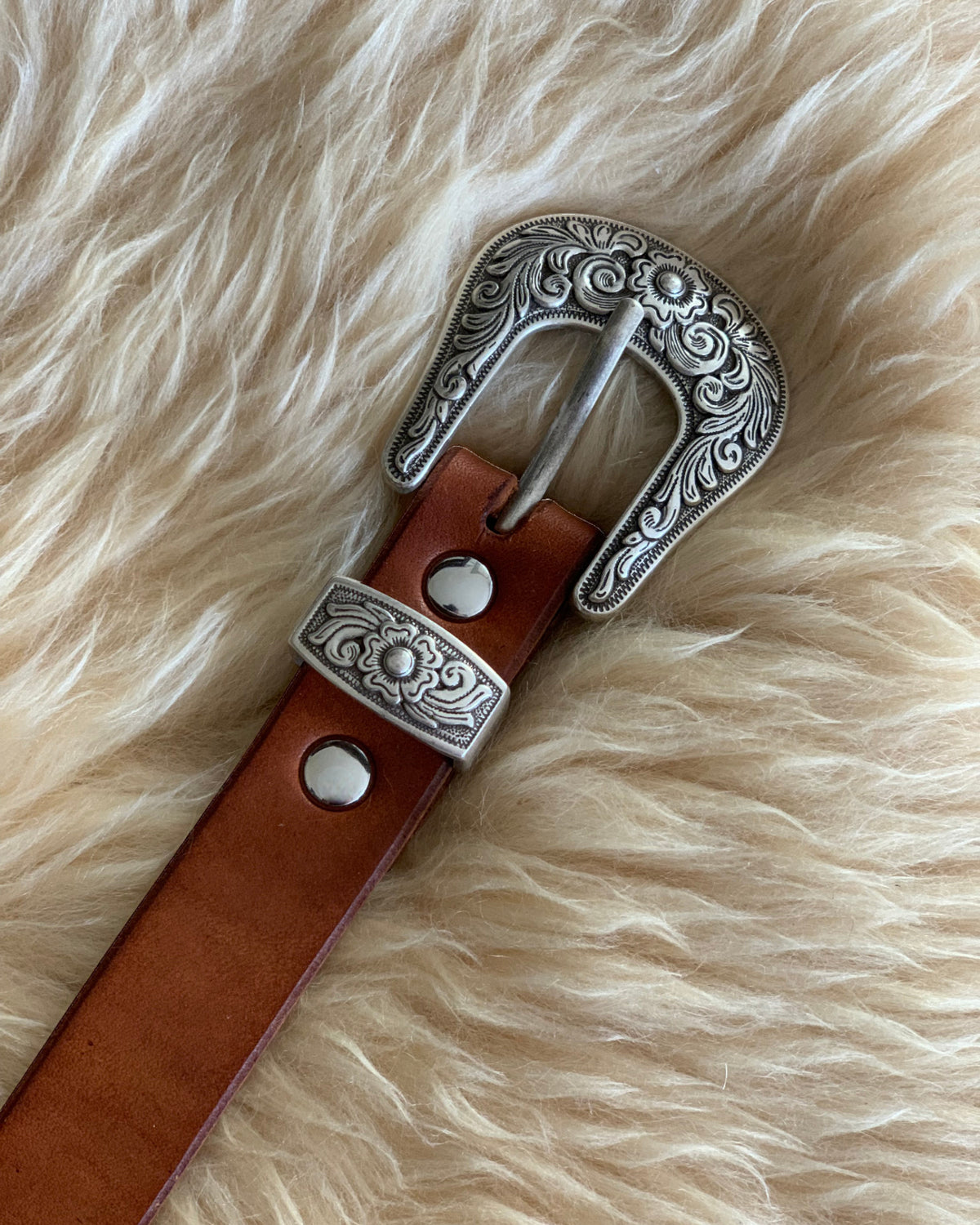 Silver Plated Buckle Set on Handcrafted Leather Belt 
