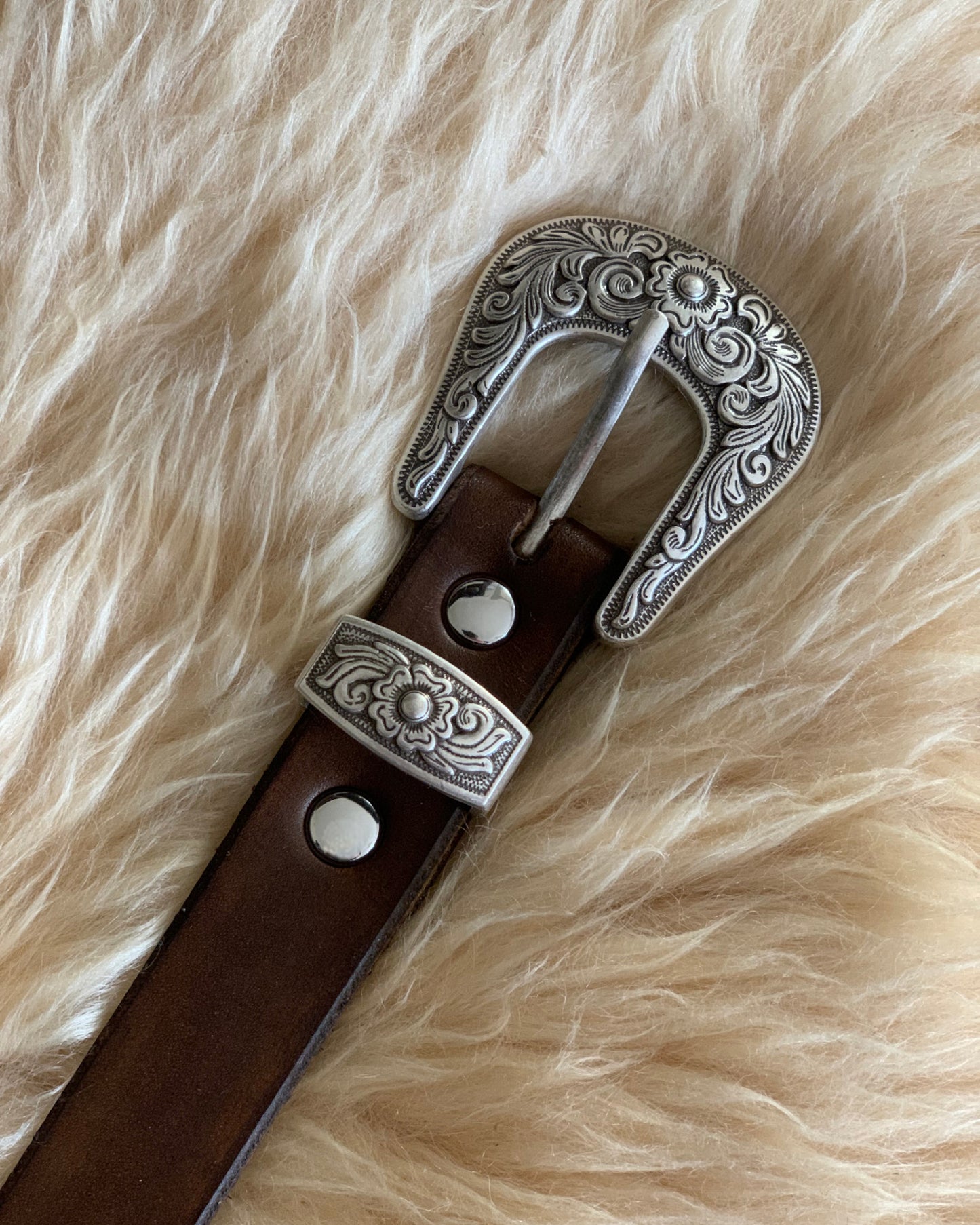 Silver Plated Buckle Set on Handcrafted Leather Belt